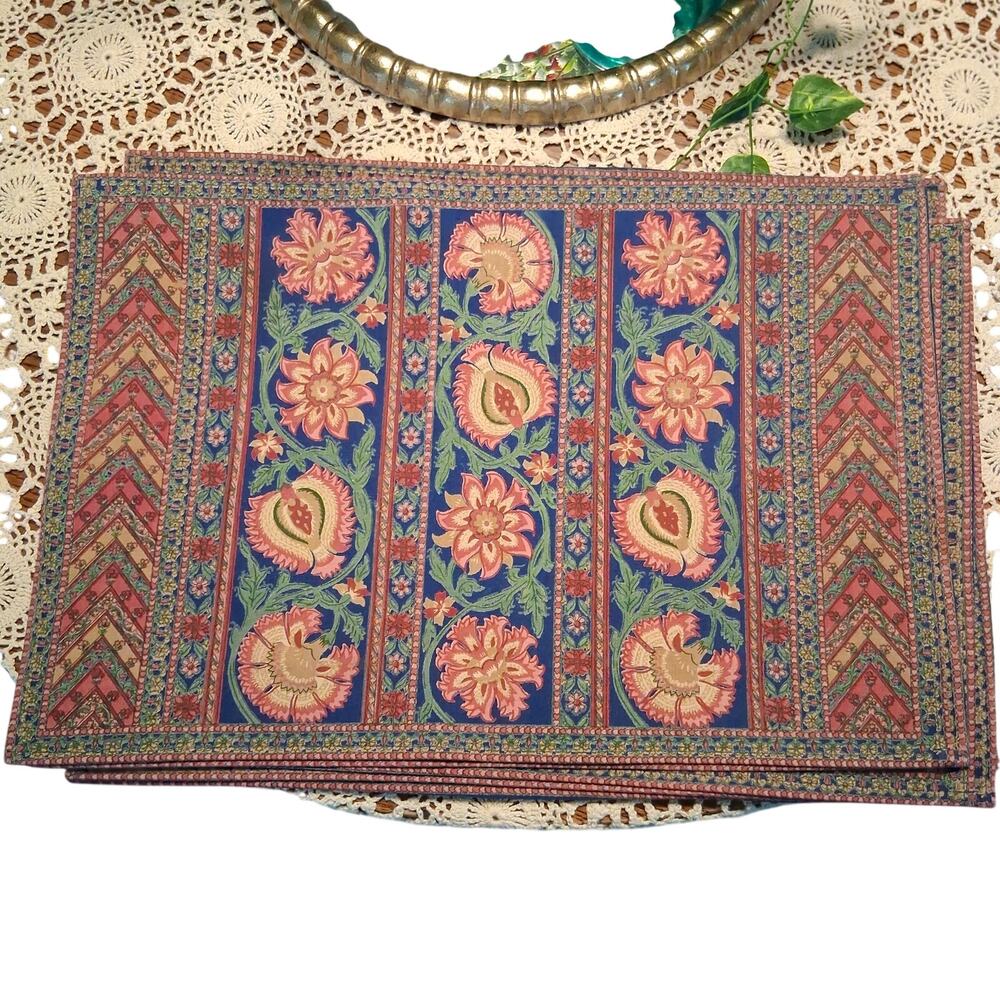 April Cornell Cornell Trading 8 vintage placemats Kalamkari blue USA